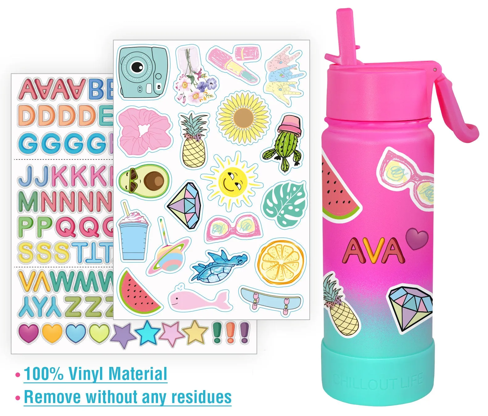 CHILLOUT LIFE 12 oz Insulated Water Bottle with Straw Lid for Kids   Cute Waterproof Stickers