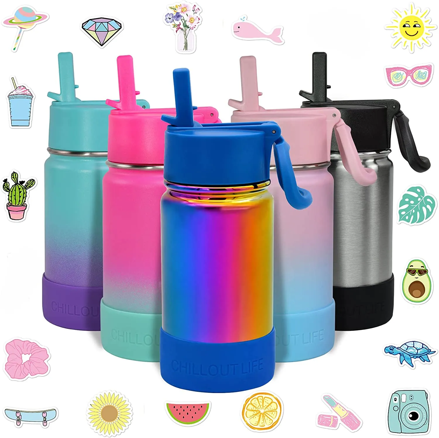 CHILLOUT LIFE 12 oz Insulated Water Bottle with Straw Lid for Kids   Cute Waterproof Stickers