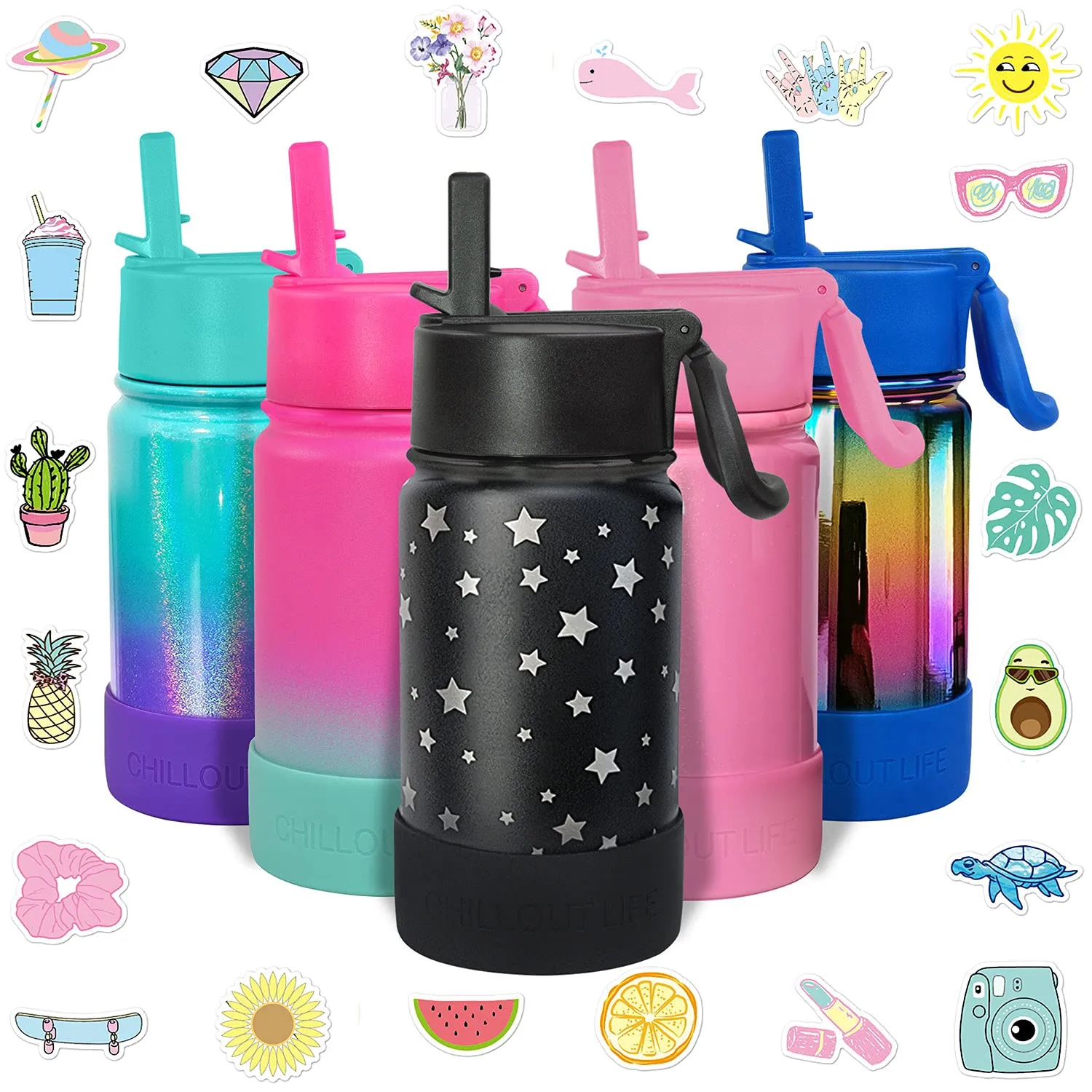 CHILLOUT LIFE 12 oz Insulated Water Bottle with Straw Lid for Kids   Cute Waterproof Stickers