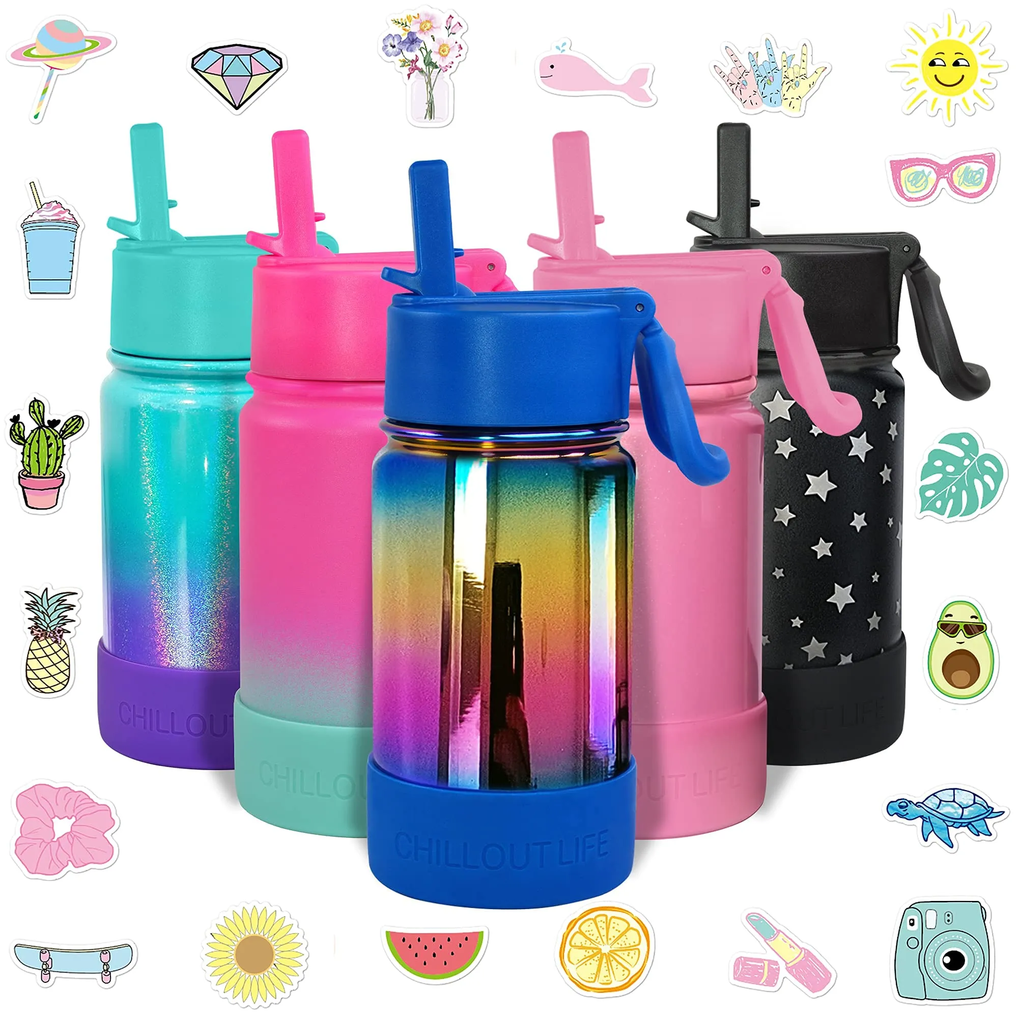 CHILLOUT LIFE 12 oz Insulated Water Bottle with Straw Lid for Kids   Cute Waterproof Stickers