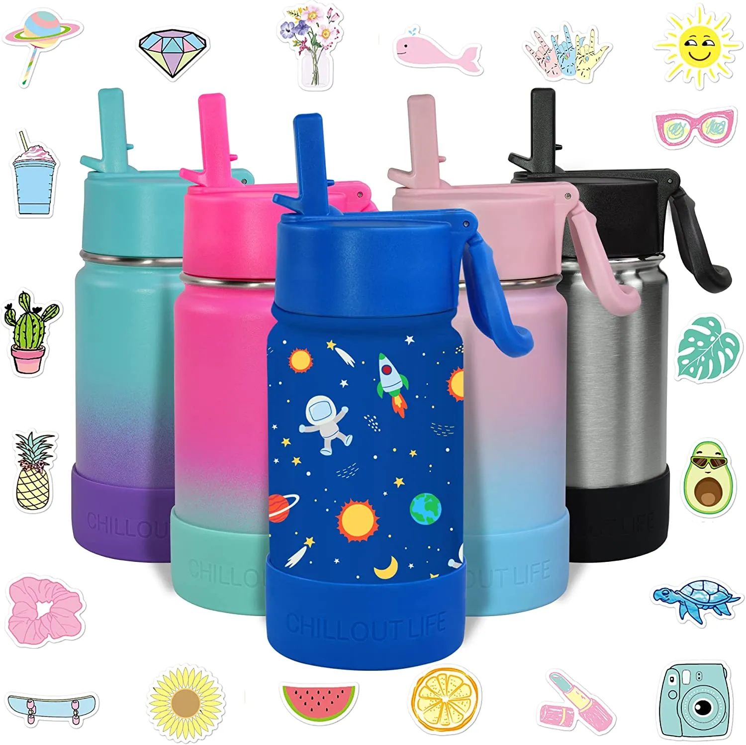 CHILLOUT LIFE 12 oz Insulated Water Bottle with Straw Lid for Kids   Cute Waterproof Stickers