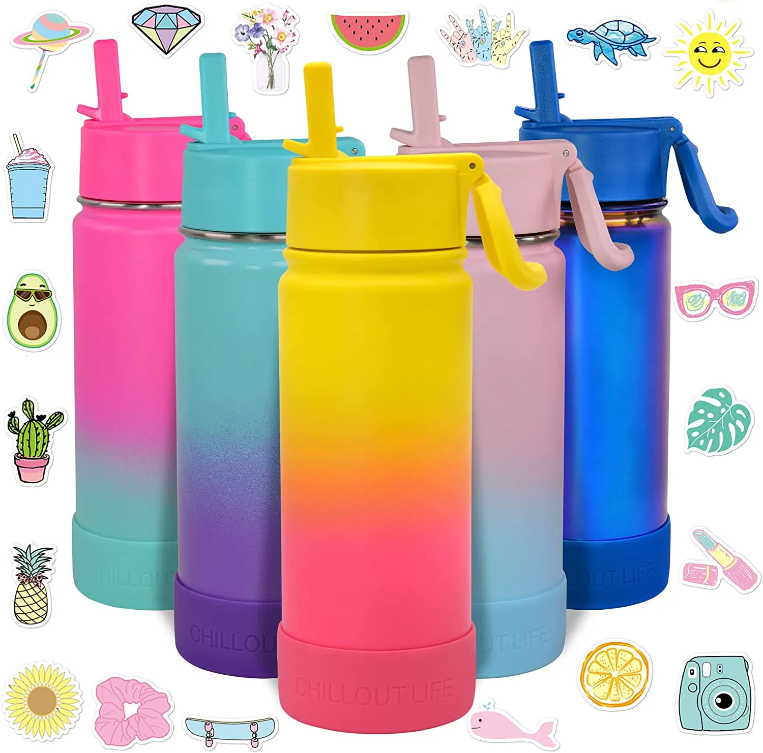 CHILLOUT LIFE 17 oz Insulated Water Bottle with Straw Lid for Kids and Adult   Cute Waterproof Stickers