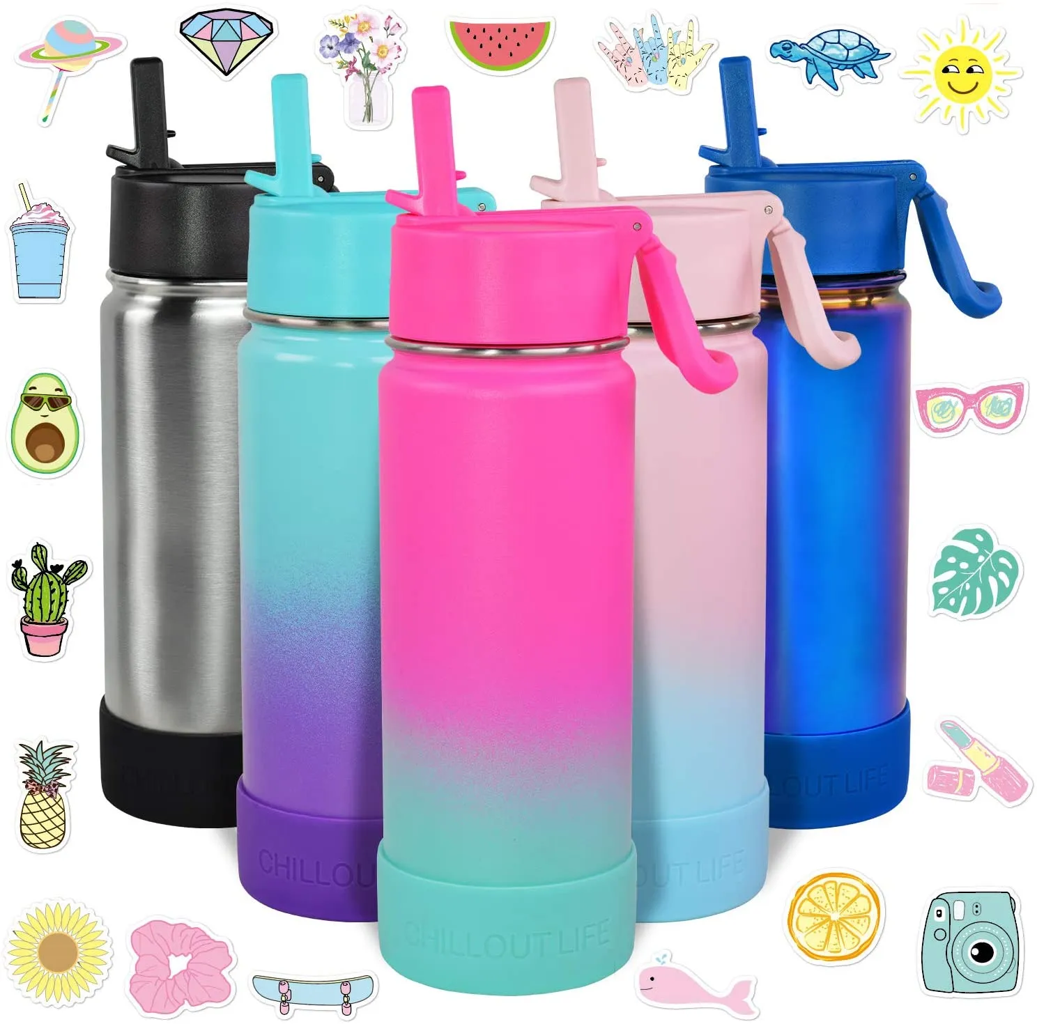 CHILLOUT LIFE 17 oz Insulated Water Bottle with Straw Lid for Kids and Adult   Cute Waterproof Stickers