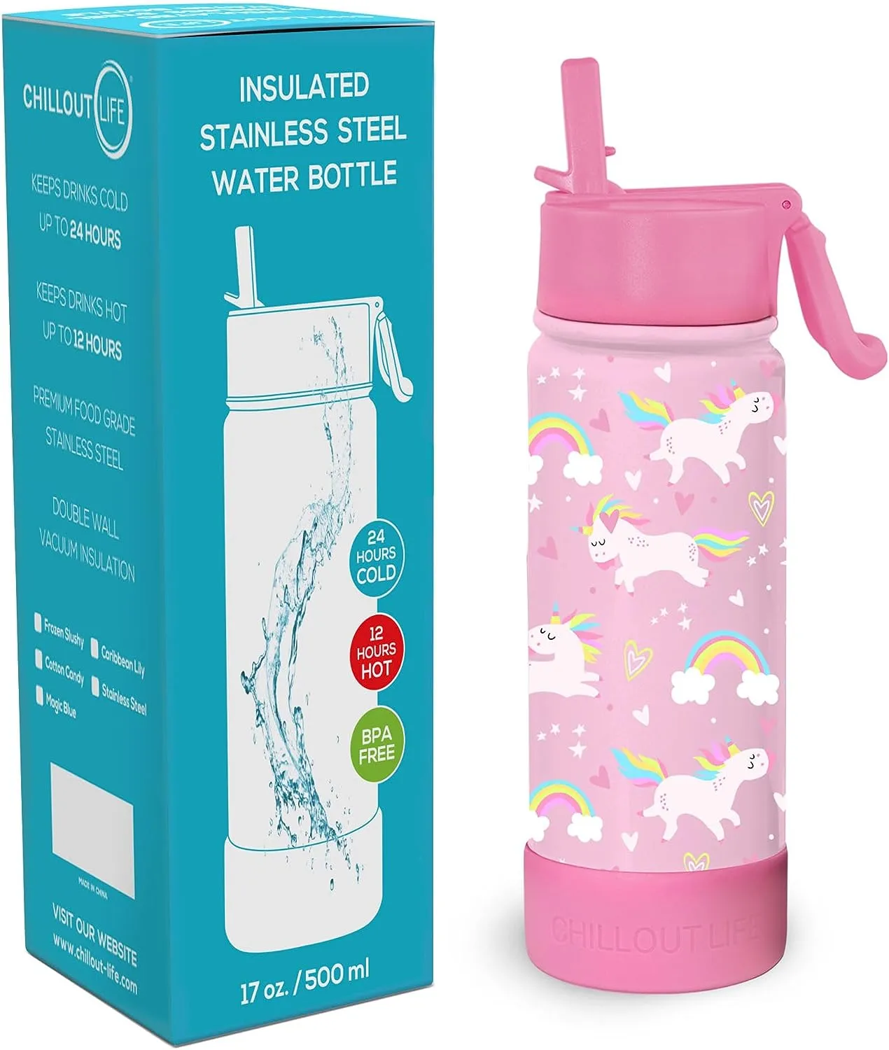 CHILLOUT LIFE 17 oz Insulated Water Bottle with Straw Lid for Kids and Adult   Cute Waterproof Stickers