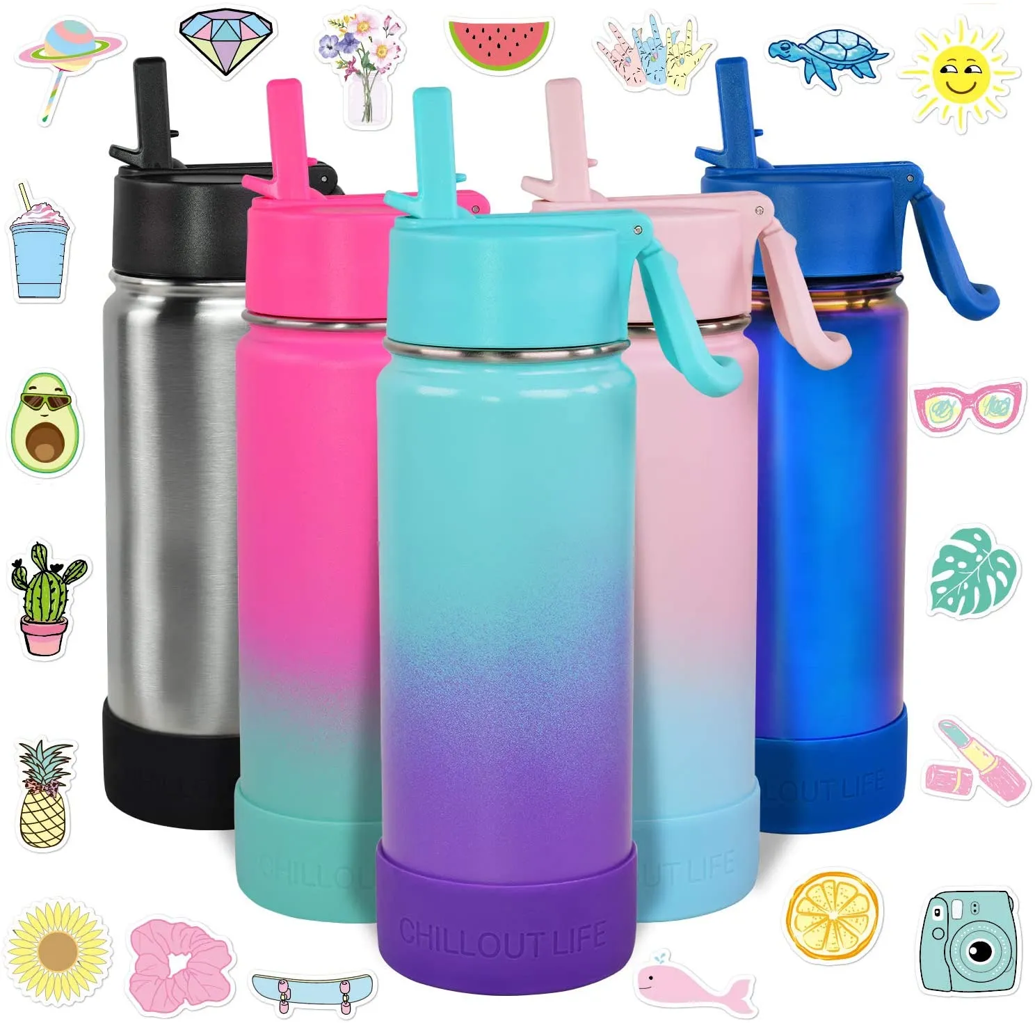 CHILLOUT LIFE 17 oz Insulated Water Bottle with Straw Lid for Kids and Adult   Cute Waterproof Stickers