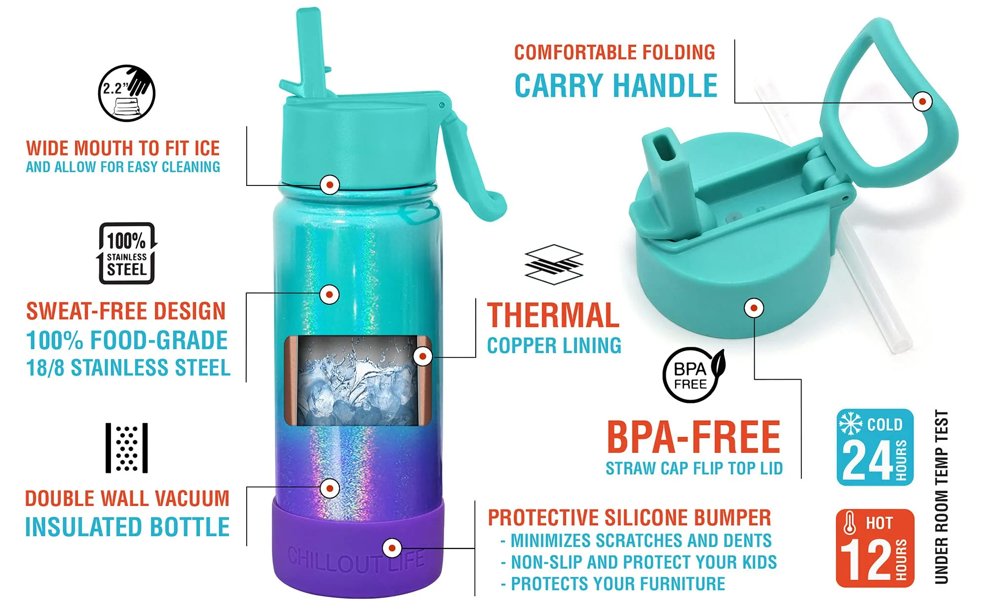 CHILLOUT LIFE 17 oz Insulated Water Bottle with Straw Lid for Kids and Adult   Cute Waterproof Stickers