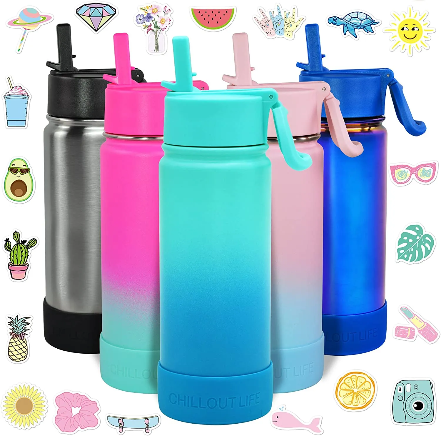 CHILLOUT LIFE 17 oz Insulated Water Bottle with Straw Lid for Kids and Adult   Cute Waterproof Stickers