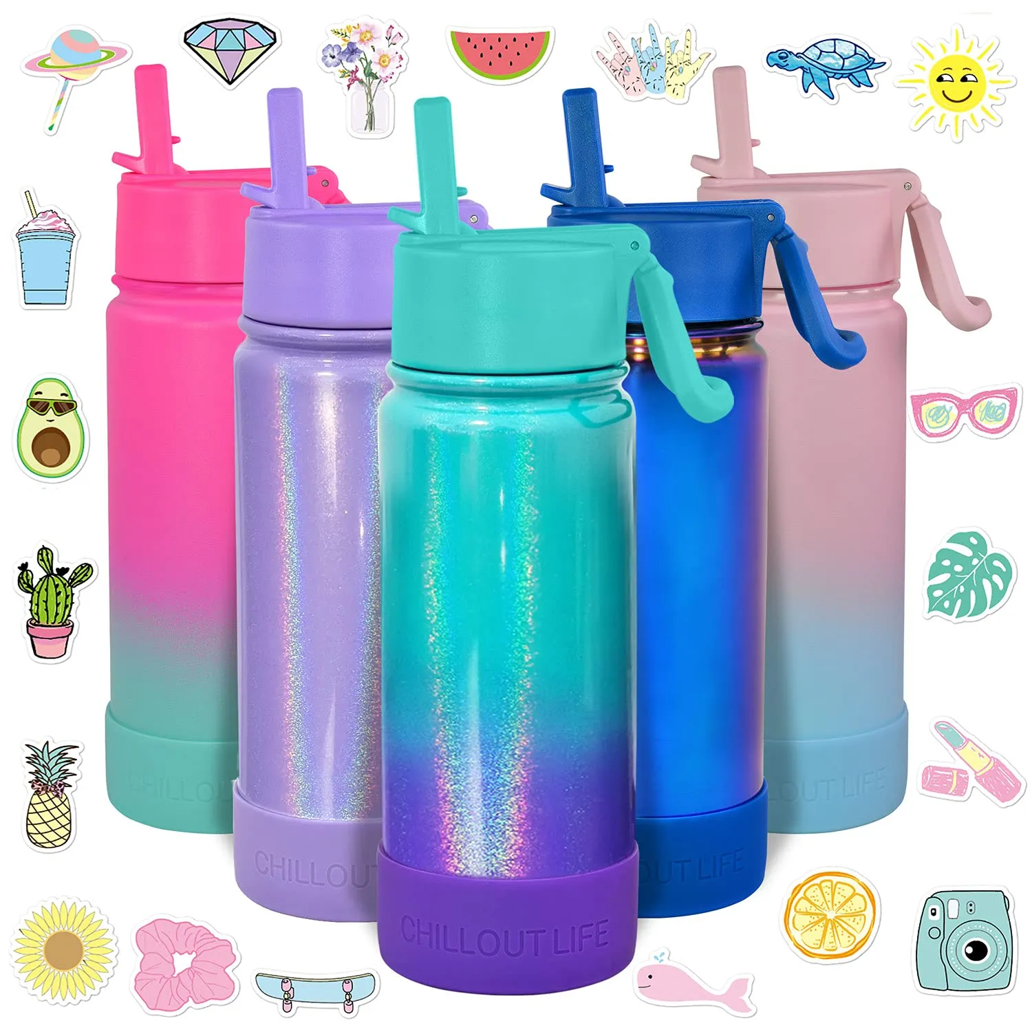 CHILLOUT LIFE 17 oz Insulated Water Bottle with Straw Lid for Kids and Adult   Cute Waterproof Stickers