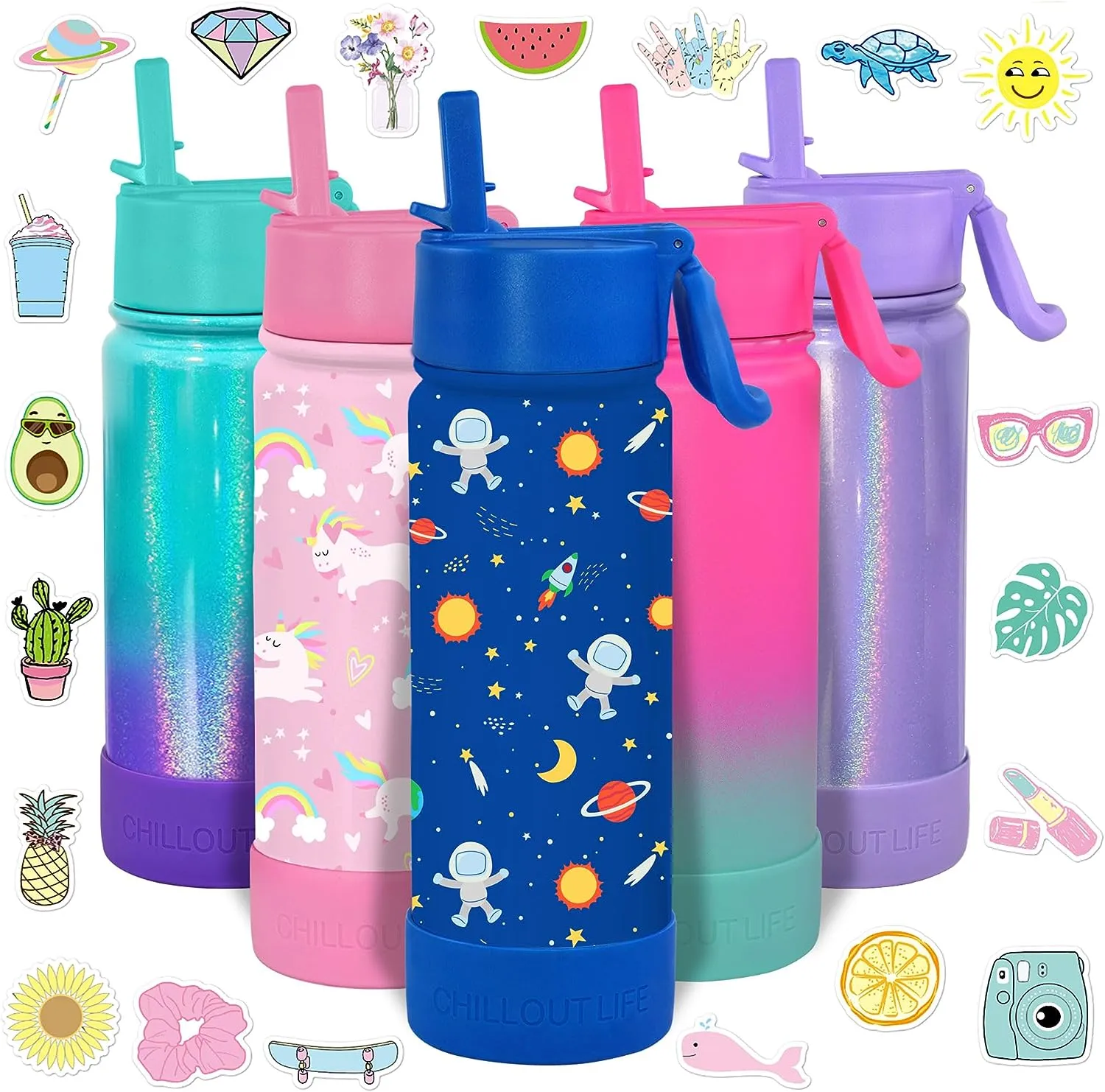 CHILLOUT LIFE 17 oz Insulated Water Bottle with Straw Lid for Kids and Adult   Cute Waterproof Stickers