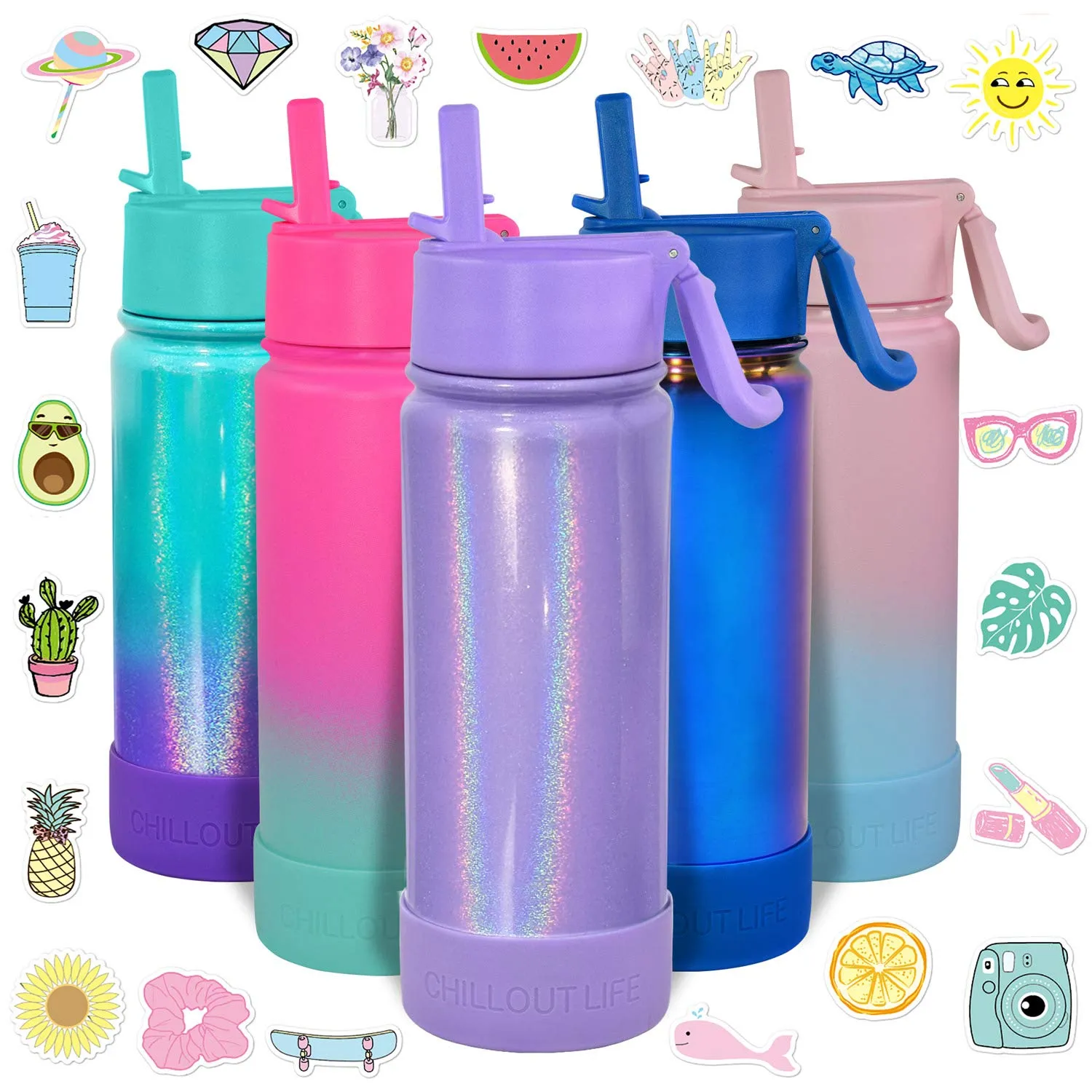 CHILLOUT LIFE 17 oz Insulated Water Bottle with Straw Lid for Kids and Adult   Cute Waterproof Stickers