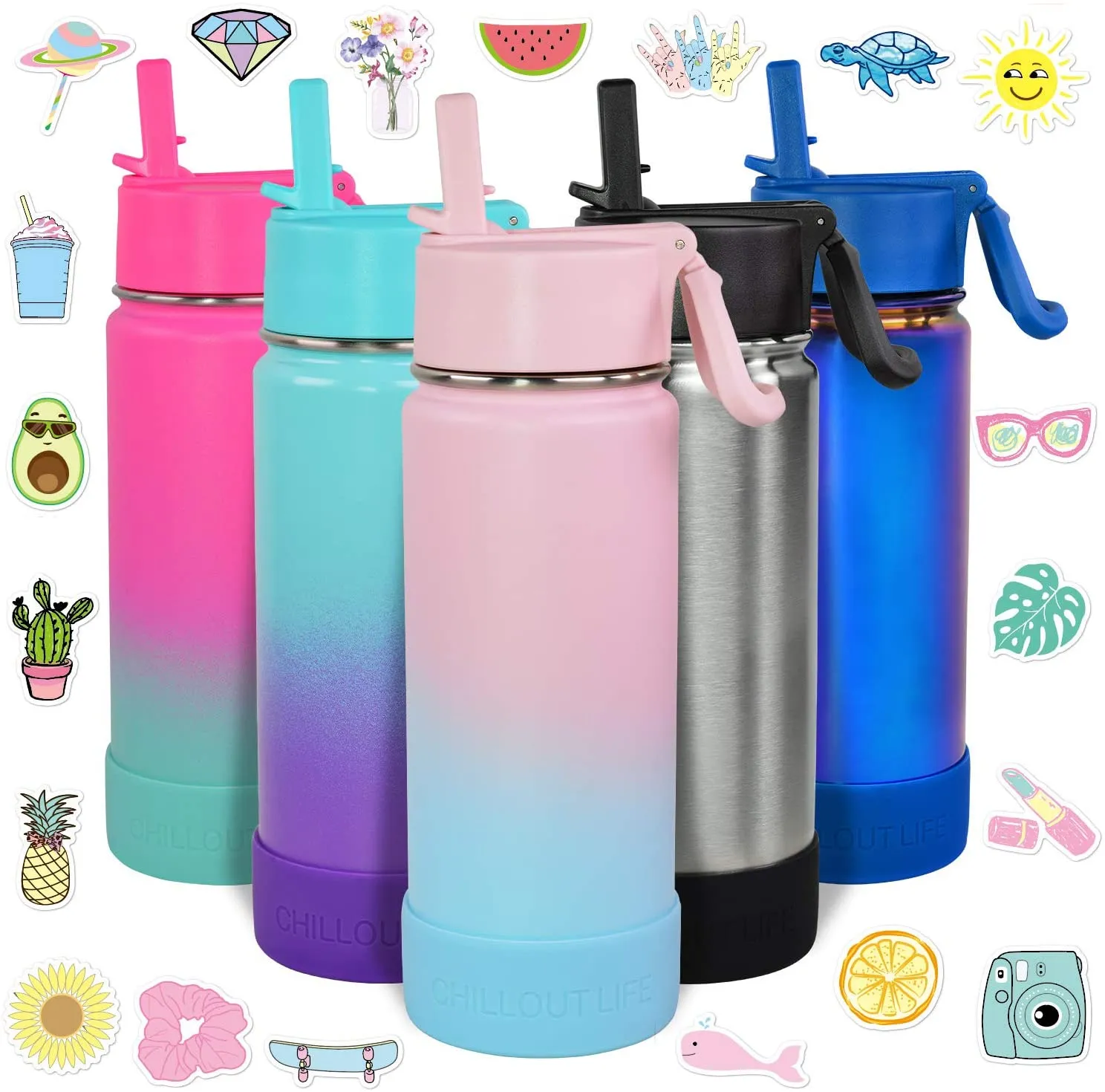 CHILLOUT LIFE 17 oz Insulated Water Bottle with Straw Lid for Kids and Adult   Cute Waterproof Stickers