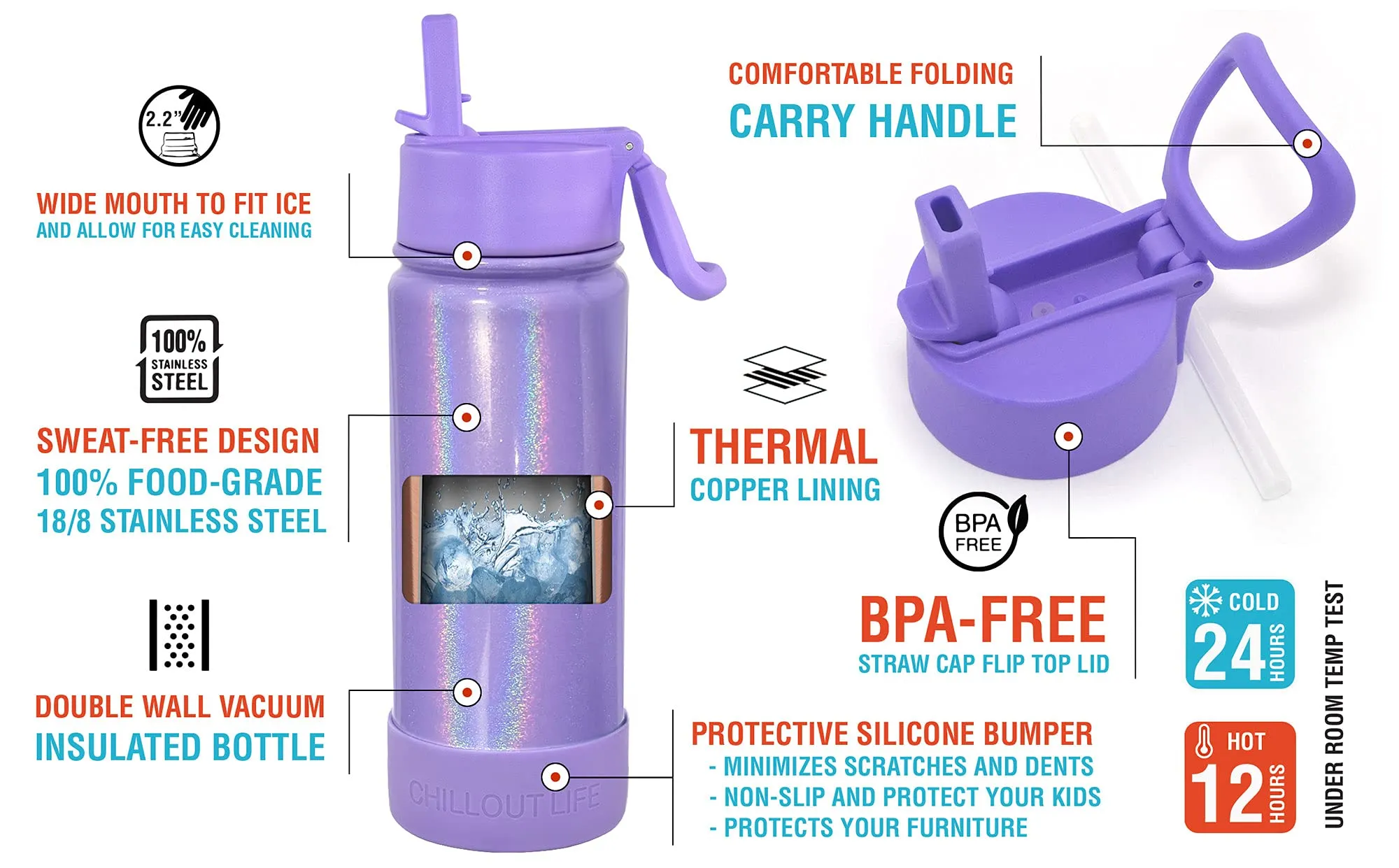 CHILLOUT LIFE 17 oz Insulated Water Bottle with Straw Lid for Kids and Adult   Cute Waterproof Stickers