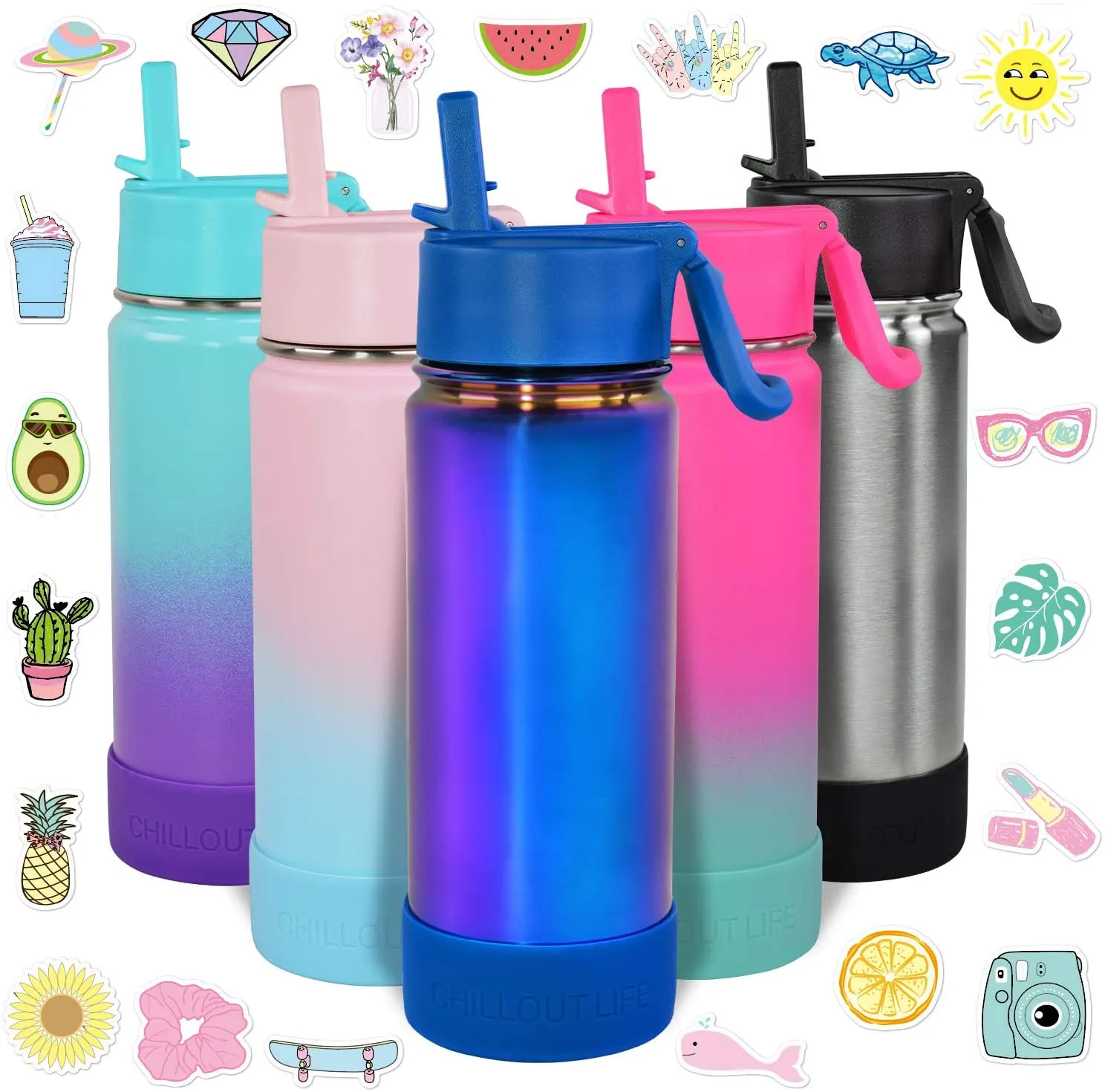 CHILLOUT LIFE 17 oz Insulated Water Bottle with Straw Lid for Kids and Adult   Cute Waterproof Stickers