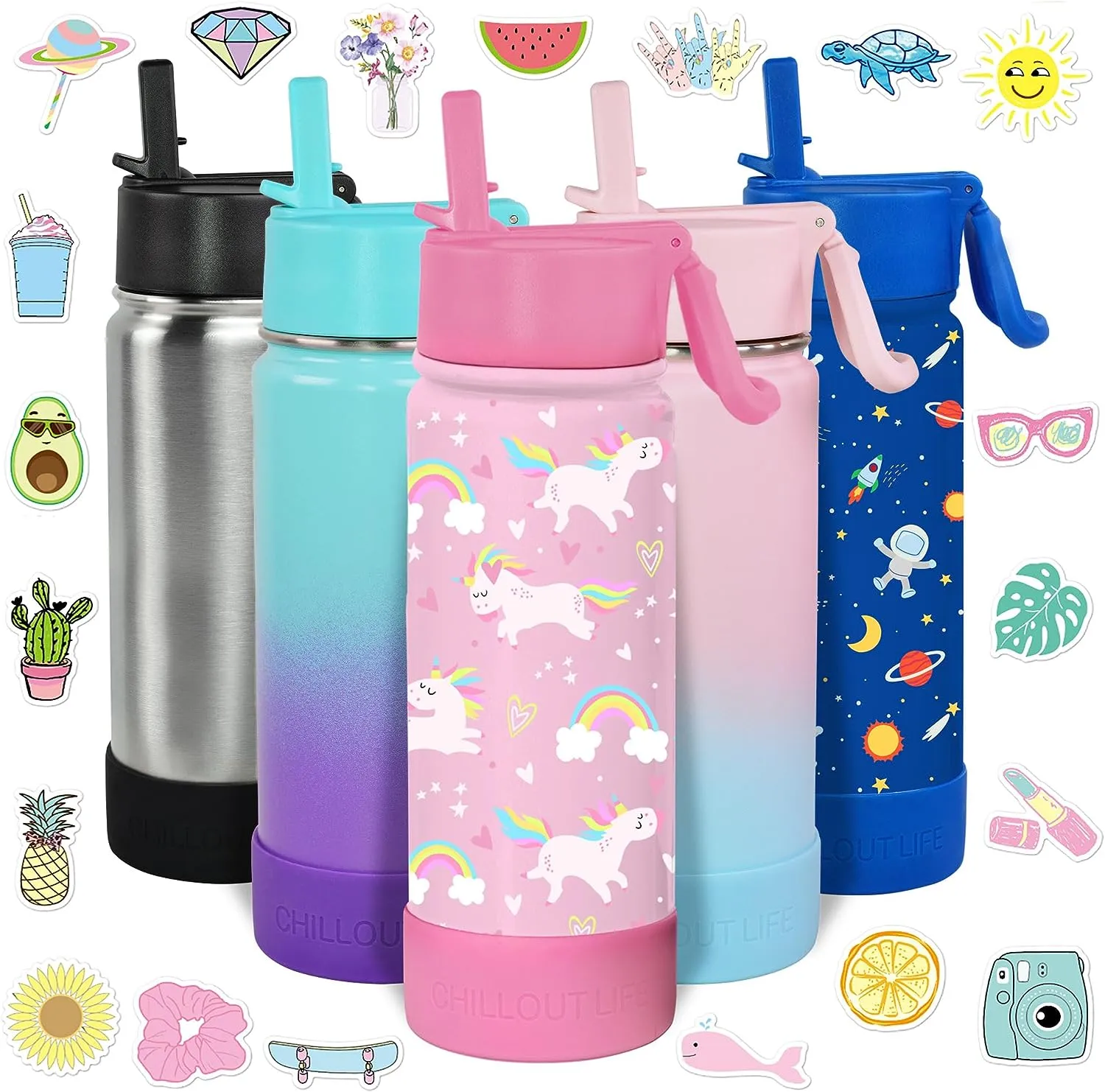 CHILLOUT LIFE 17 oz Insulated Water Bottle with Straw Lid for Kids and Adult   Cute Waterproof Stickers