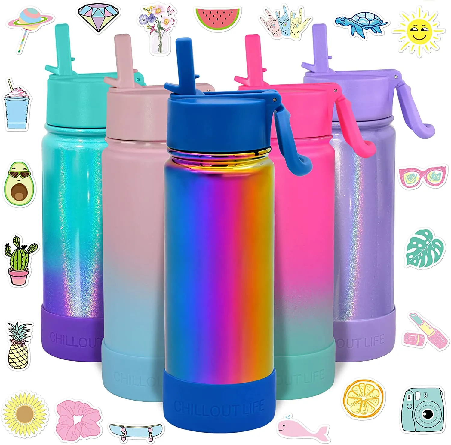 CHILLOUT LIFE 17 oz Insulated Water Bottle with Straw Lid for Kids and Adult   Cute Waterproof Stickers