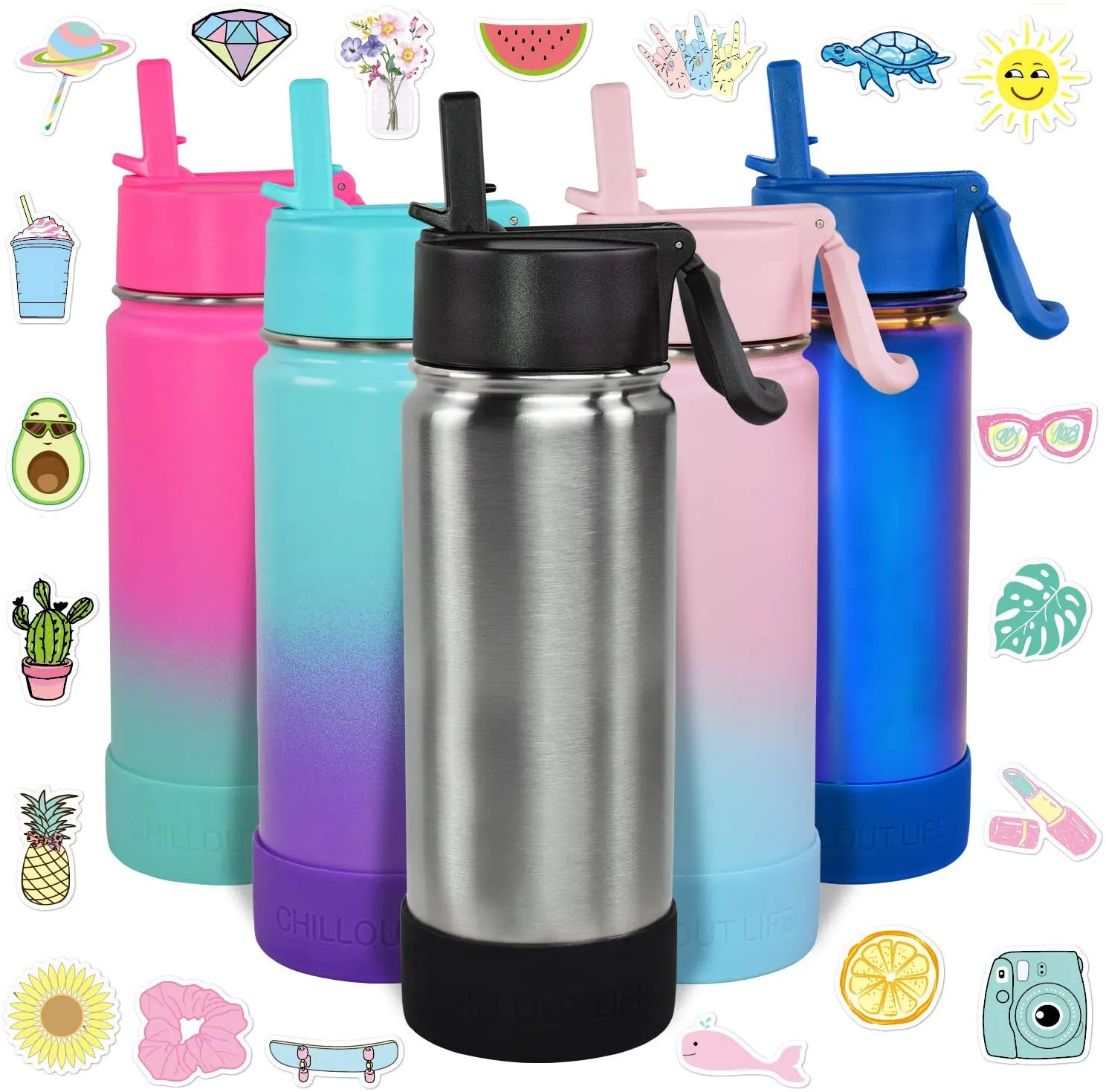 CHILLOUT LIFE 17 oz Insulated Water Bottle with Straw Lid for Kids and Adult   Cute Waterproof Stickers