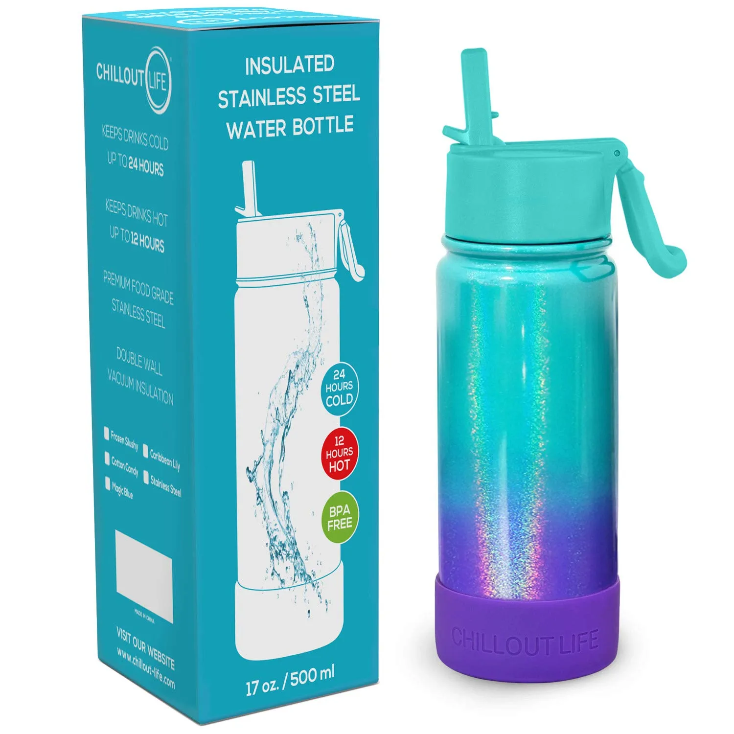 CHILLOUT LIFE 17 oz Insulated Water Bottle with Straw Lid for Kids and Adult   Cute Waterproof Stickers