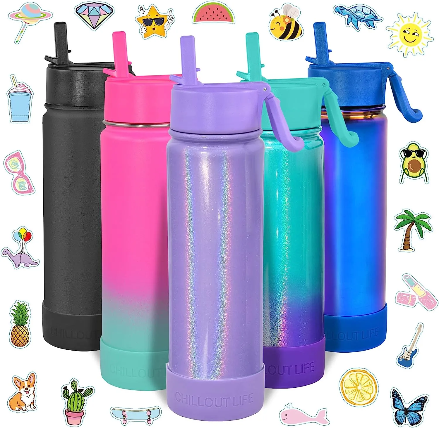 CHILLOUT LIFE 22 oz Insulated Water Bottle with Straw Lid for Kids and Adult   Cute Waterproof Stickers