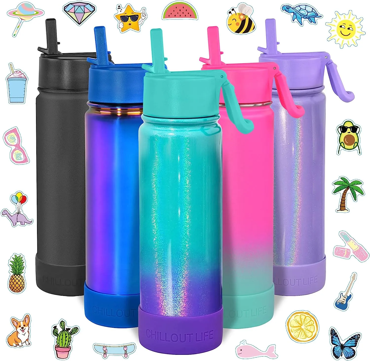 CHILLOUT LIFE 22 oz Insulated Water Bottle with Straw Lid for Kids and Adult   Cute Waterproof Stickers