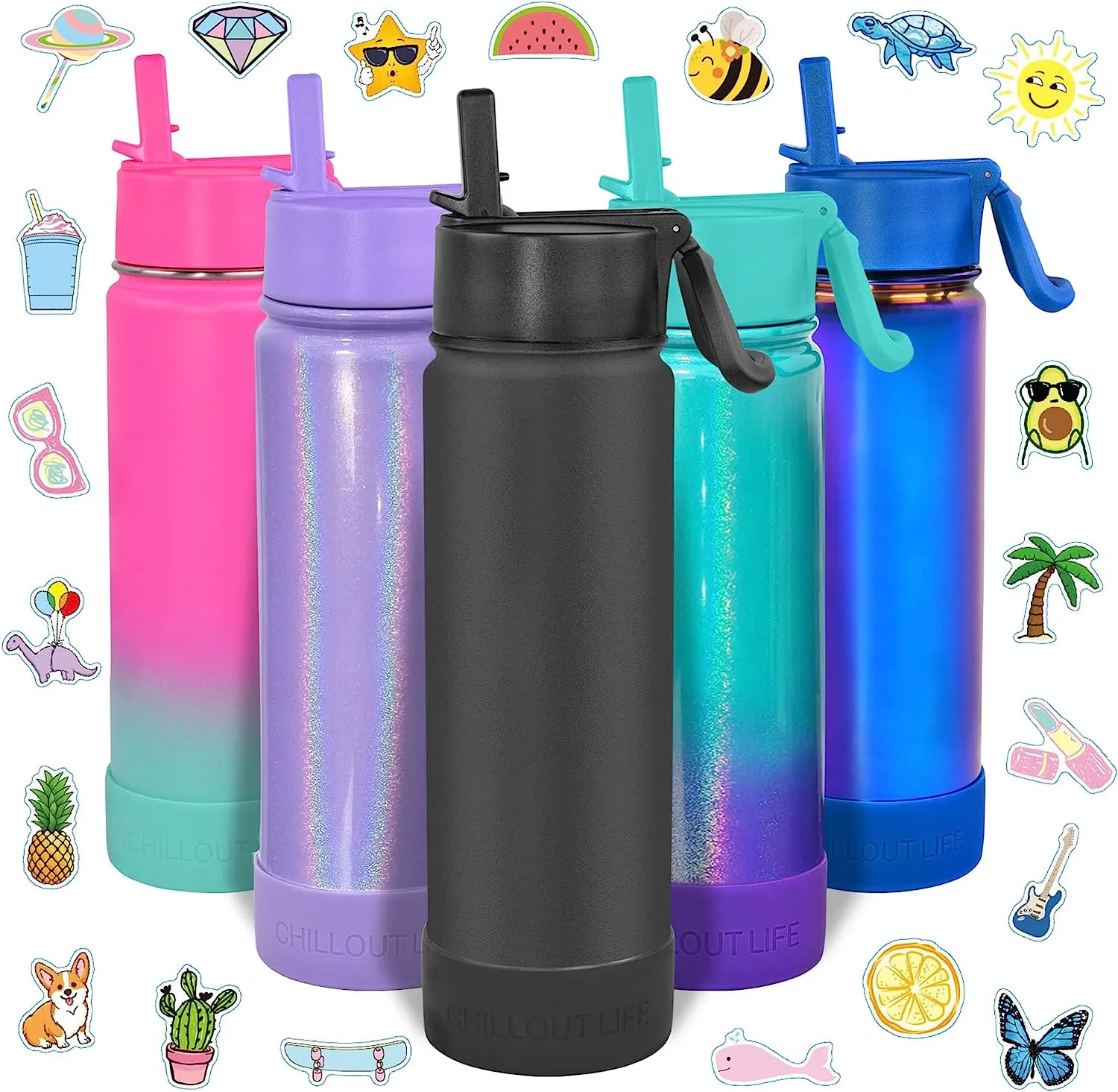 CHILLOUT LIFE 22 oz Insulated Water Bottle with Straw Lid for Kids and Adult   Cute Waterproof Stickers