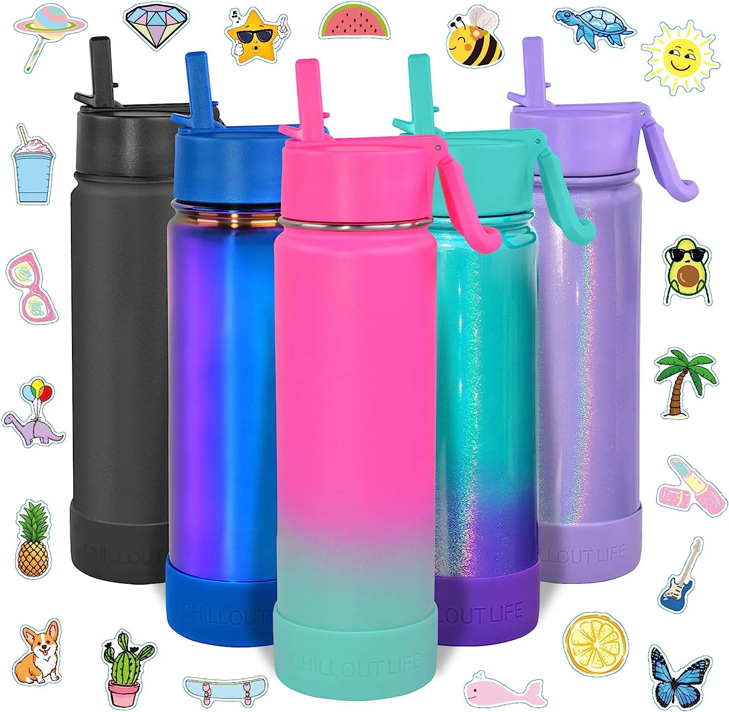 CHILLOUT LIFE 22 oz Insulated Water Bottle with Straw Lid for Kids and Adult   Cute Waterproof Stickers