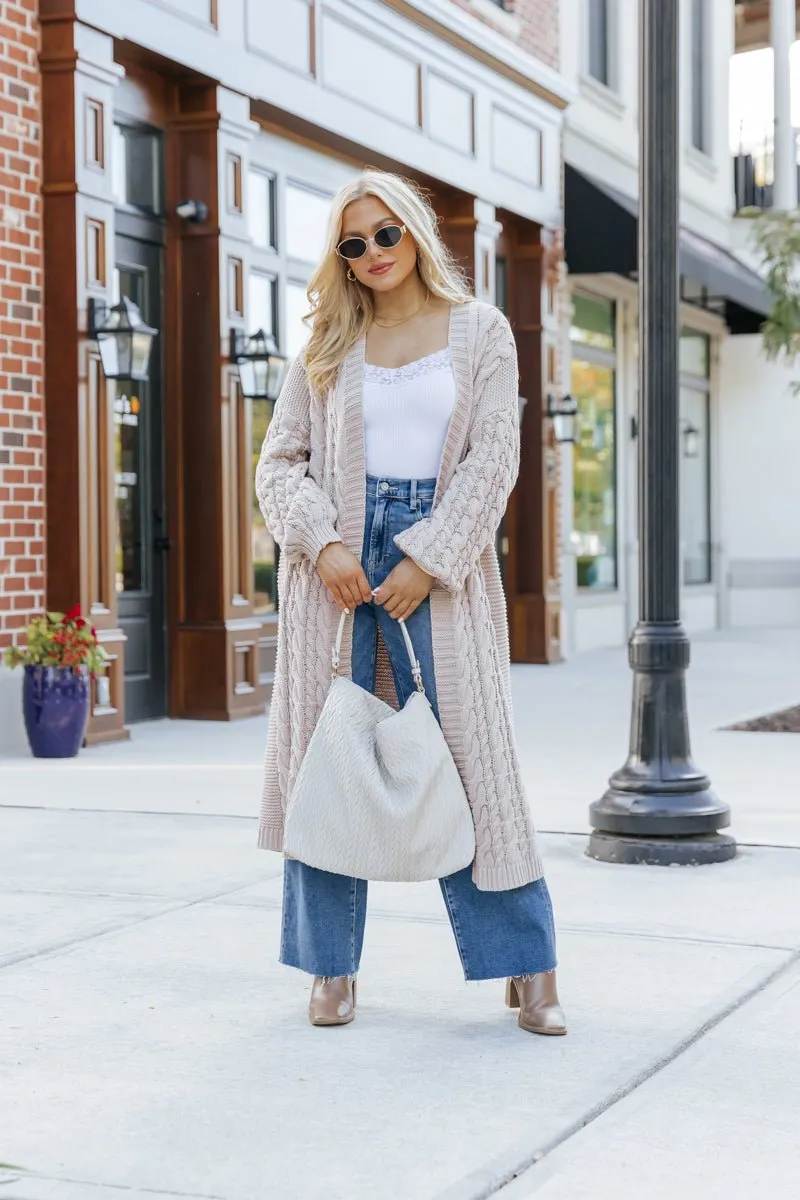 Chunky Cable Knit Duster Cardigan - Light Beige - FINAL SALE