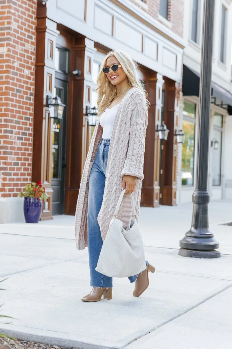 Chunky Cable Knit Duster Cardigan - Light Beige - FINAL SALE