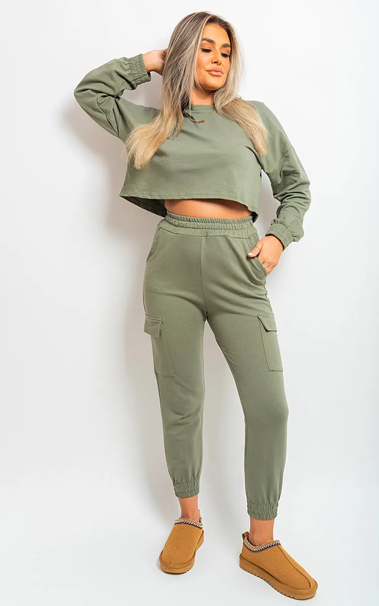 Cropped Long Sleeve Top and Cargo Joggers Co-ordinates