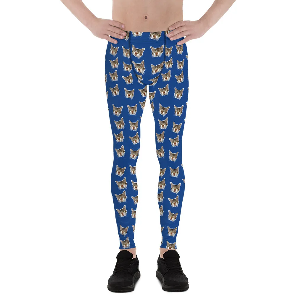 Dark Blue Cat Men's Leggings, Calico Cat Print Men's Compression Tights-Made in USA/EU