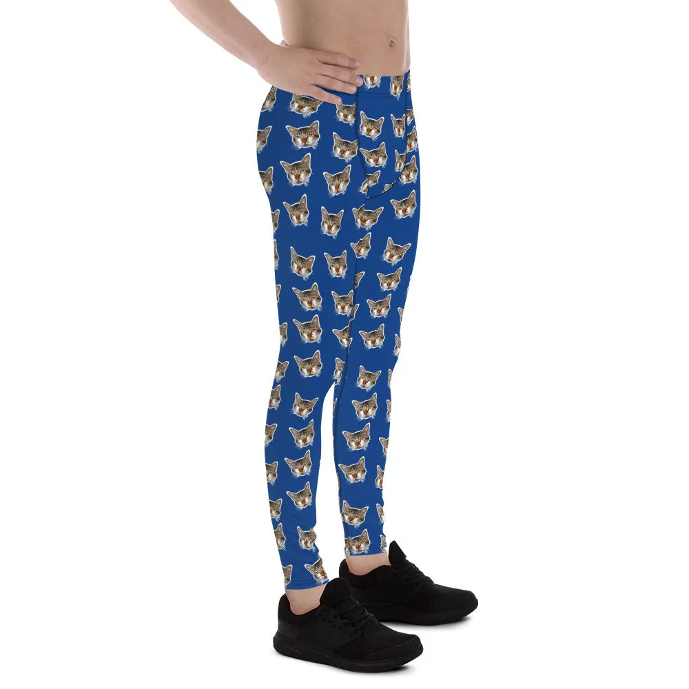 Dark Blue Cat Men's Leggings, Calico Cat Print Men's Compression Tights-Made in USA/EU