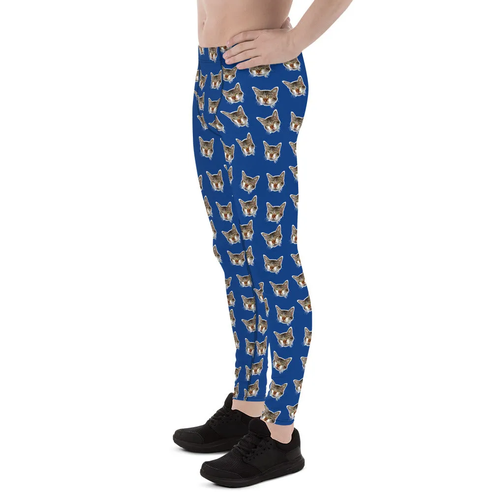 Dark Blue Cat Men's Leggings, Calico Cat Print Men's Compression Tights-Made in USA/EU