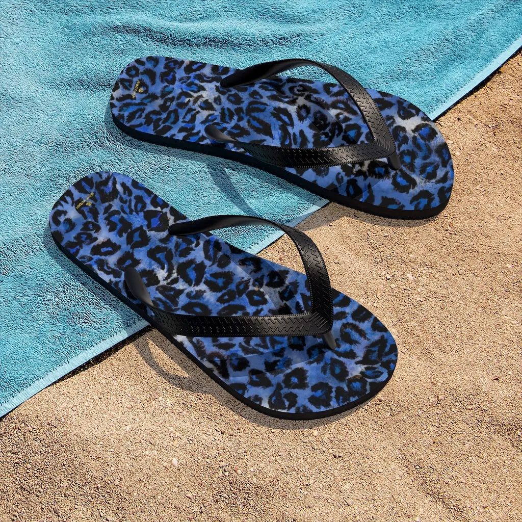 Dark Blue Leopard Flip Flops, Animal Print Unisex Flip-Flops Pool Beach Sandals- Made in USA