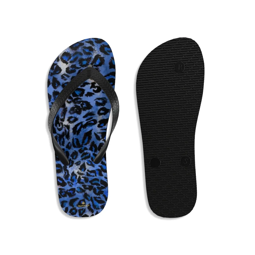 Dark Blue Leopard Flip Flops, Animal Print Unisex Flip-Flops Pool Beach Sandals- Made in USA