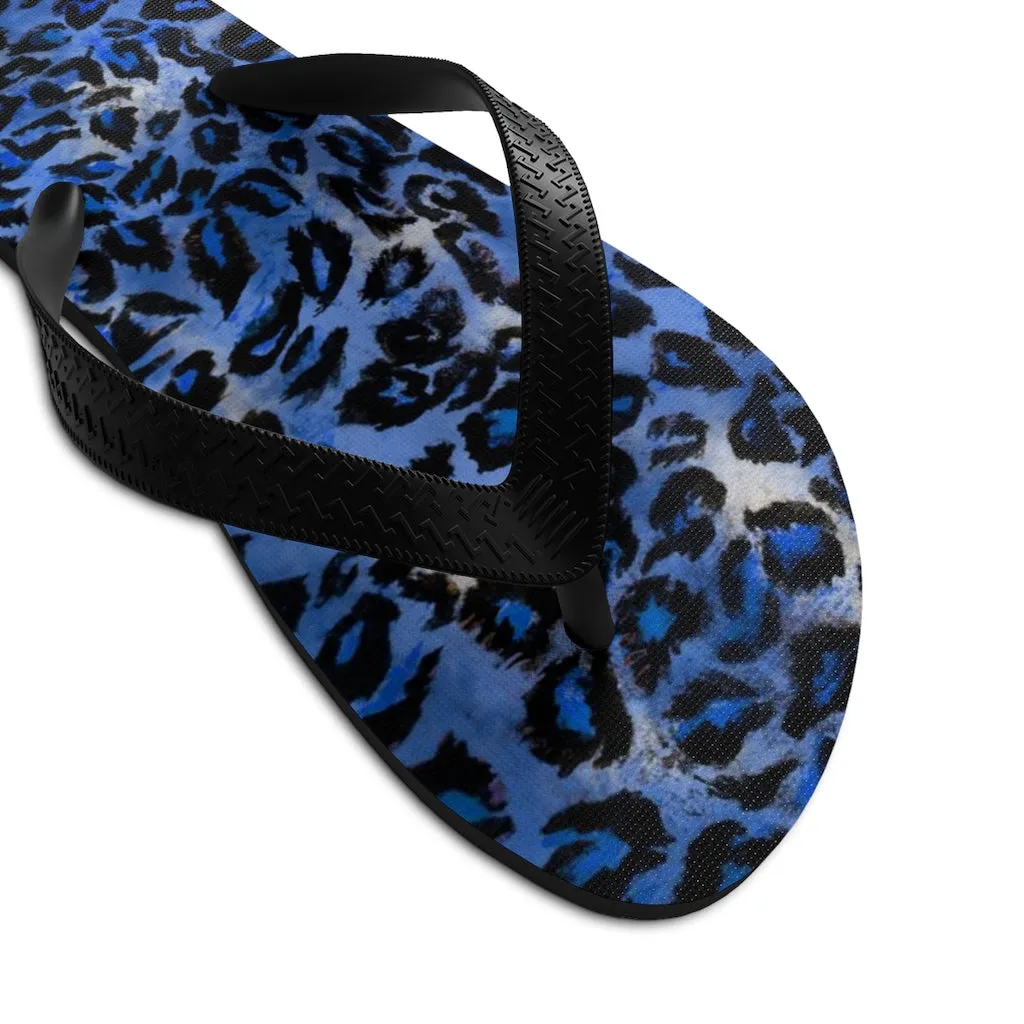 Dark Blue Leopard Flip Flops, Animal Print Unisex Flip-Flops Pool Beach Sandals- Made in USA