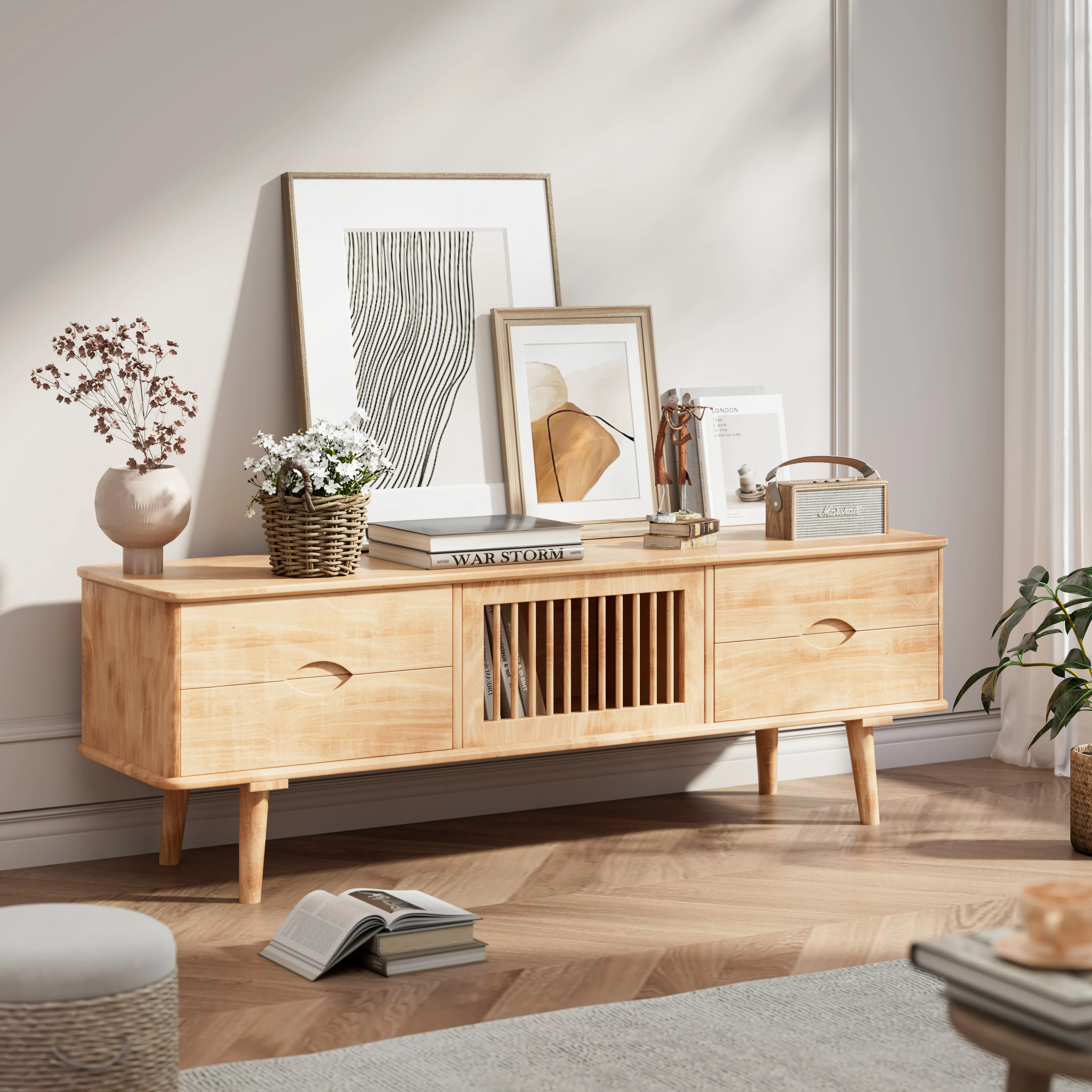 DELAVIN Solid Wood TV Stand with Harp Design Storage