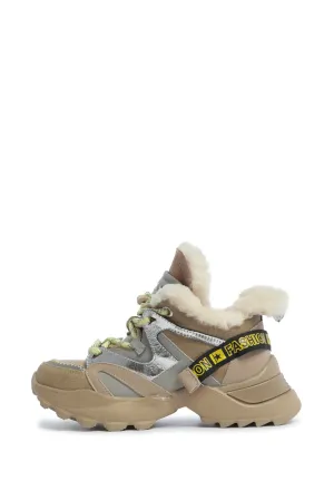 Faux Fur Lined Chunky Sneakers - Beige