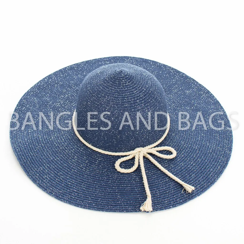 Floppy Glittering Sun Hat with Rope Tie - Navy Blue