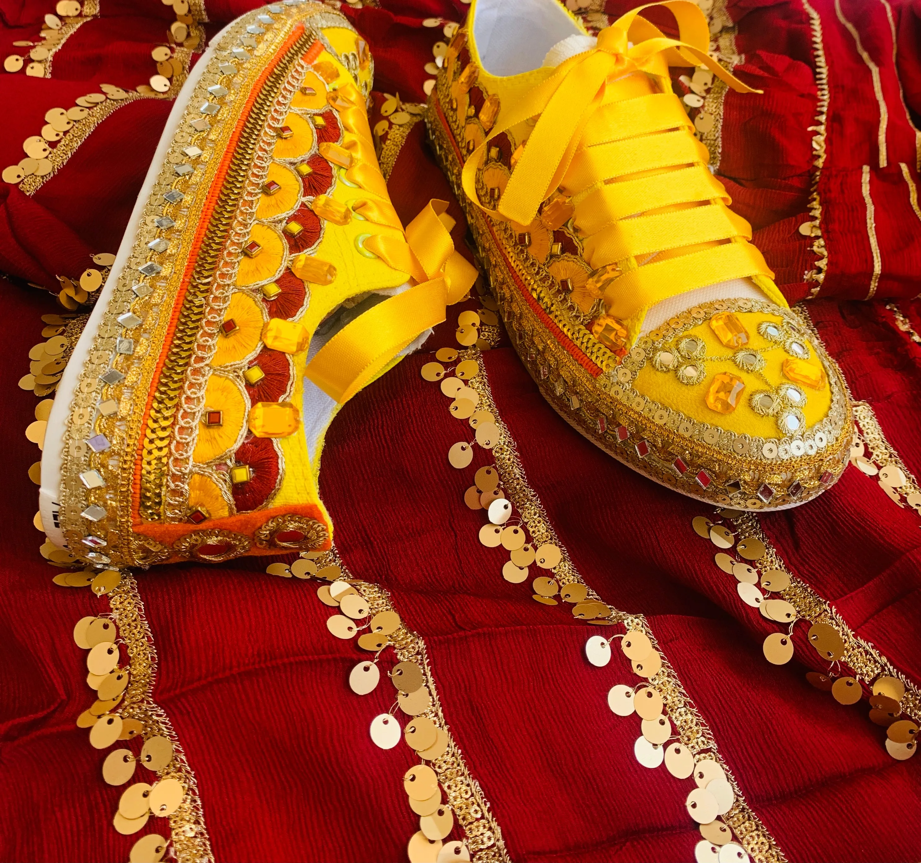 Funky N Trendy hand crafted yellow and maroon hand work bridal sneakers/ bridesmaid sneaker / yellow sneakers/ yellow shoes for haldi ceremony