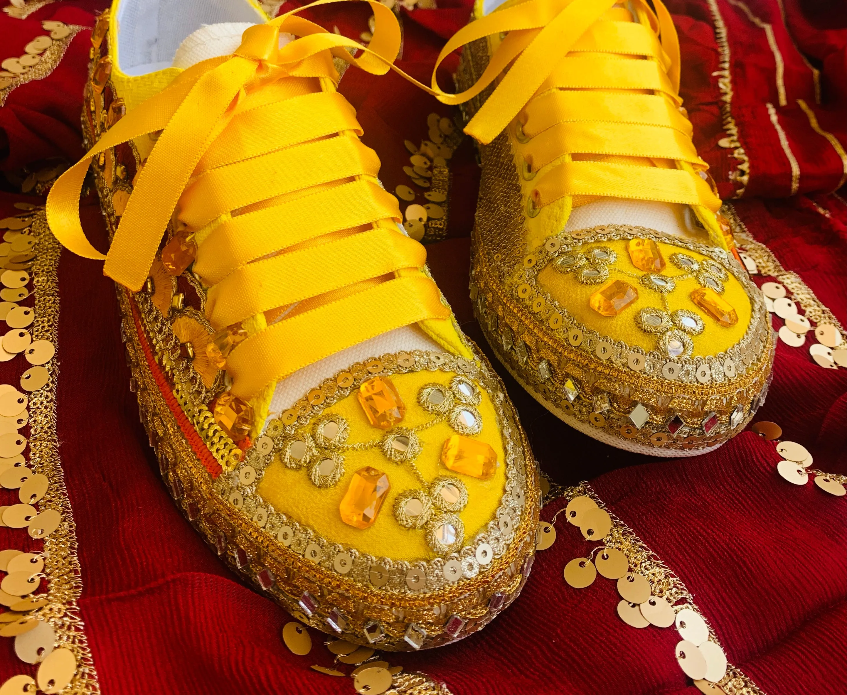 Funky N Trendy hand crafted yellow and maroon hand work bridal sneakers/ bridesmaid sneaker / yellow sneakers/ yellow shoes for haldi ceremony