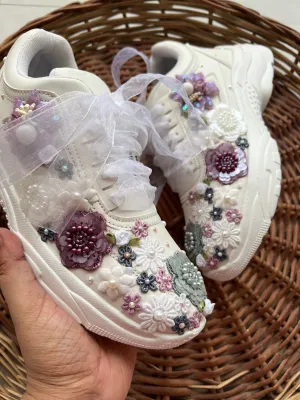 FUNKY N TRENDY hand embroidered floral work sneakers/ white sneakers /bridal shoes / bridal sneakers / floral sneakers/flower shoes /bridesmaid sneakers/ grey shoes / purple sneakers/ white sneakers