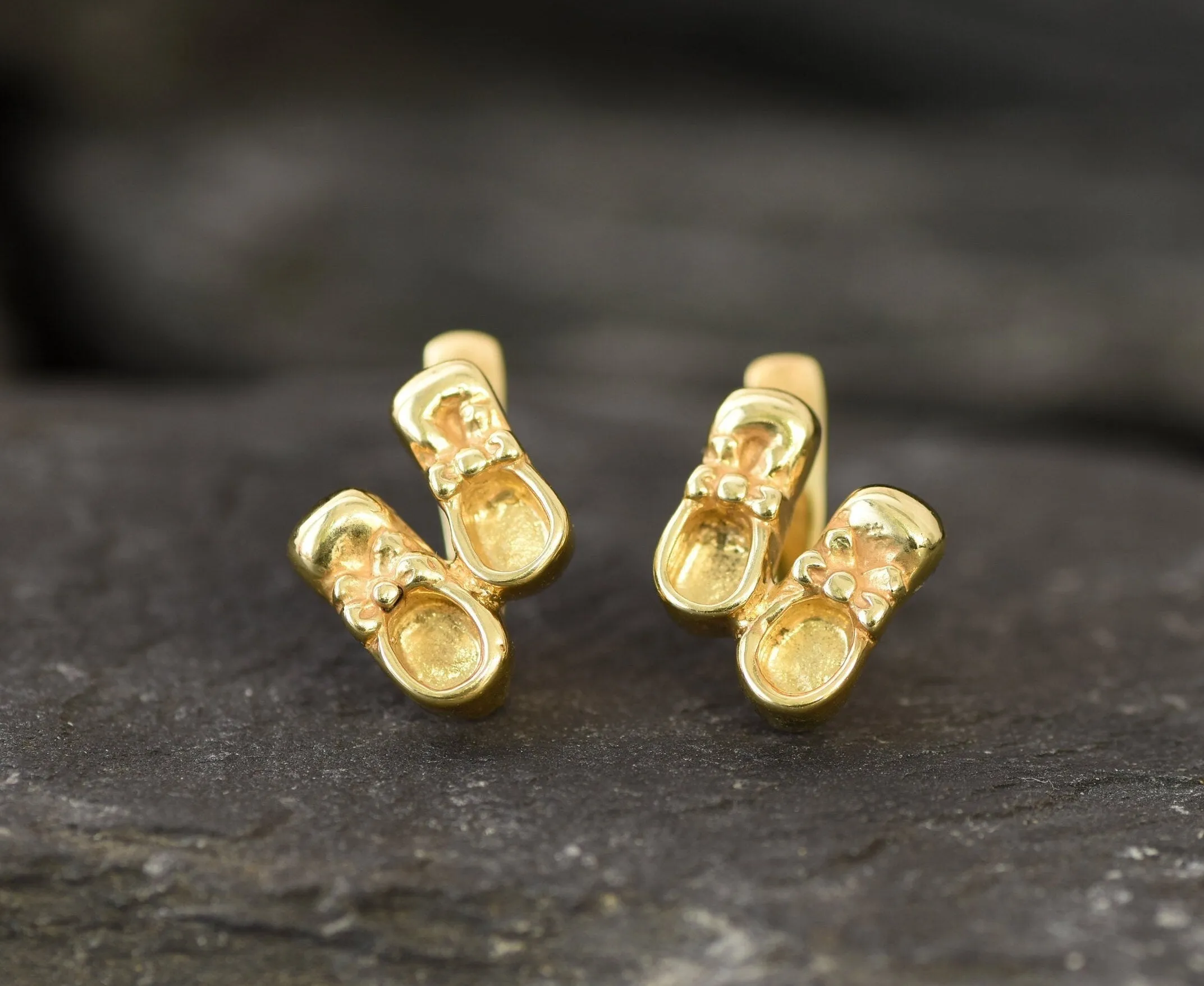 Gold Shoes Earrings - Baby Boots Studs, Ribbon Shoe Earrings