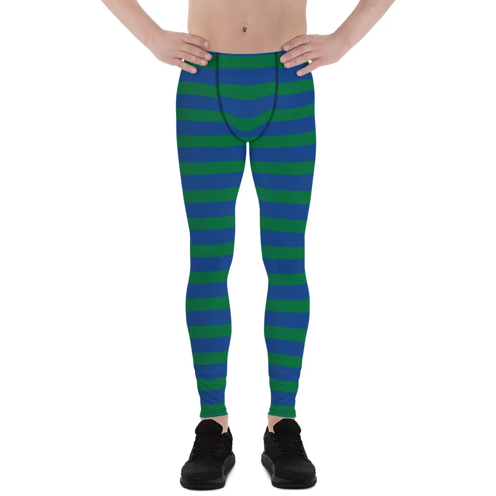 Green Blue Striped Men's Leggings, Horizontally Striped Christmas Style Meggings - Made in USA/EU/MX