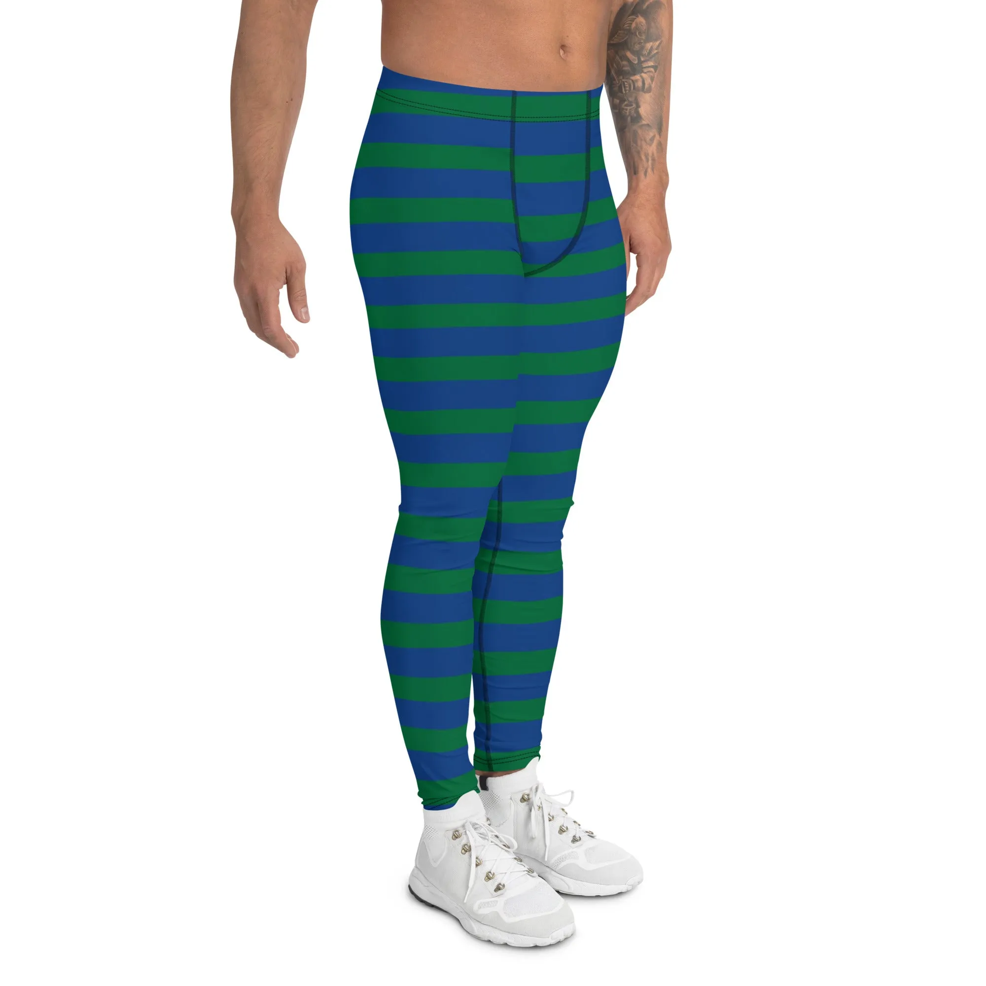 Green Blue Striped Men's Leggings, Horizontally Striped Christmas Style Meggings - Made in USA/EU/MX