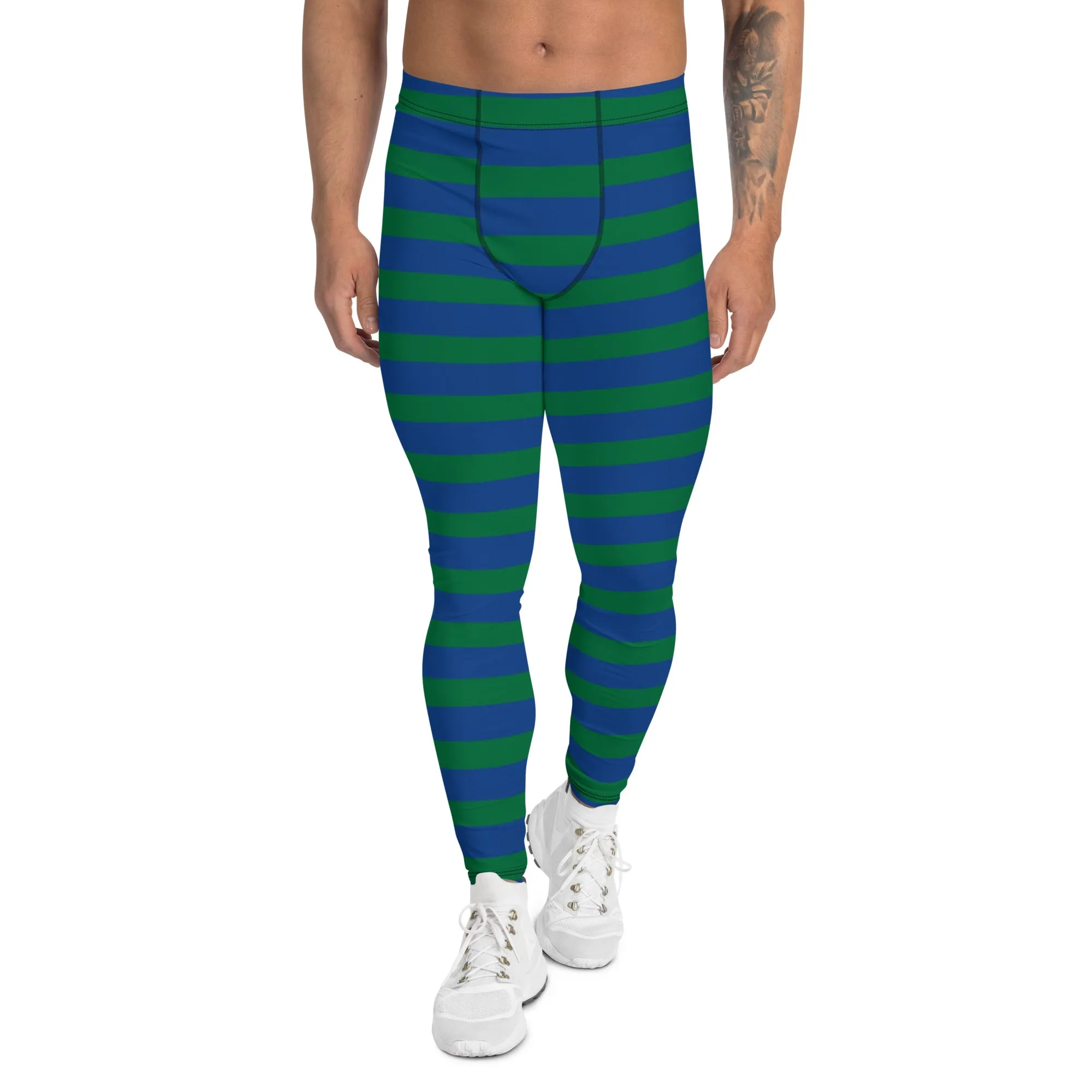 Green Blue Striped Men's Leggings, Horizontally Striped Christmas Style Meggings - Made in USA/EU/MX