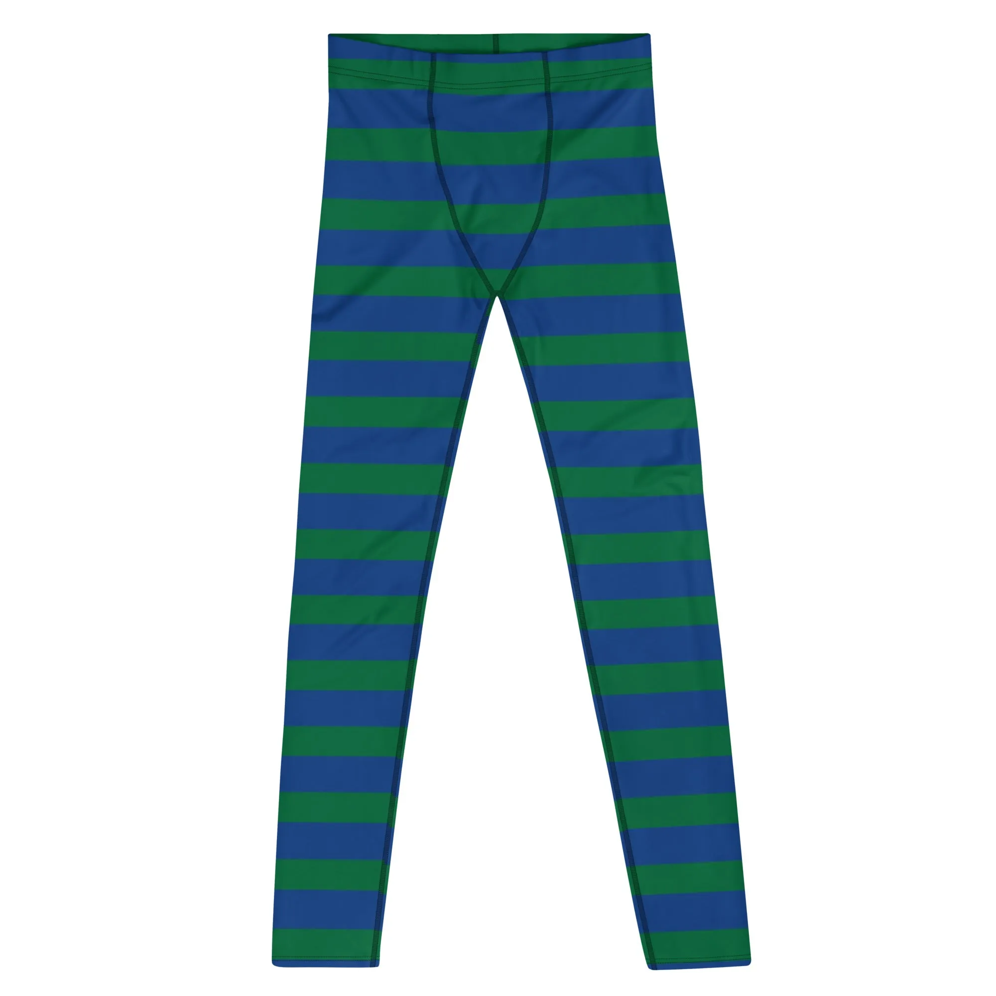 Green Blue Striped Men's Leggings, Horizontally Striped Christmas Style Meggings - Made in USA/EU/MX