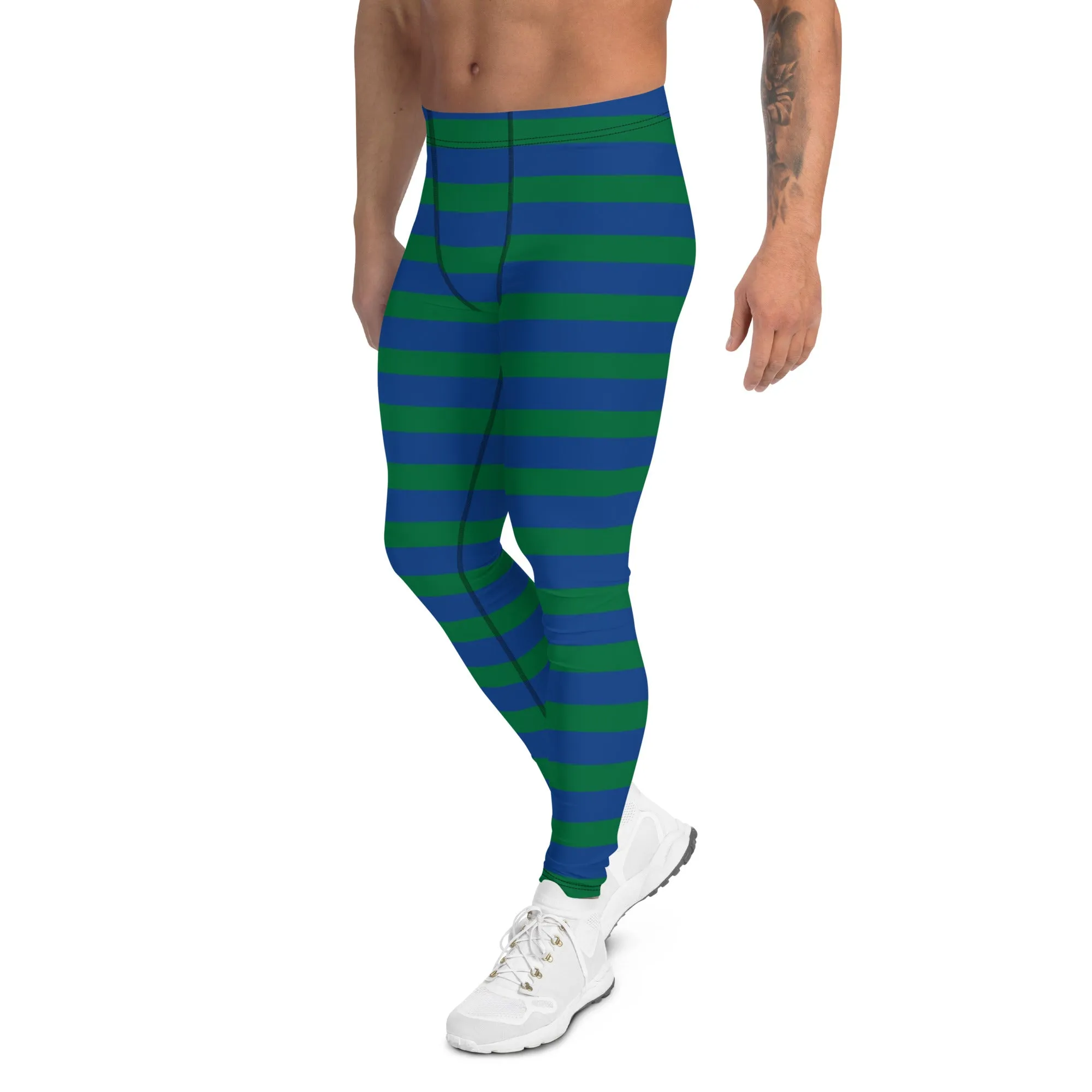 Green Blue Striped Men's Leggings, Horizontally Striped Christmas Style Meggings - Made in USA/EU/MX