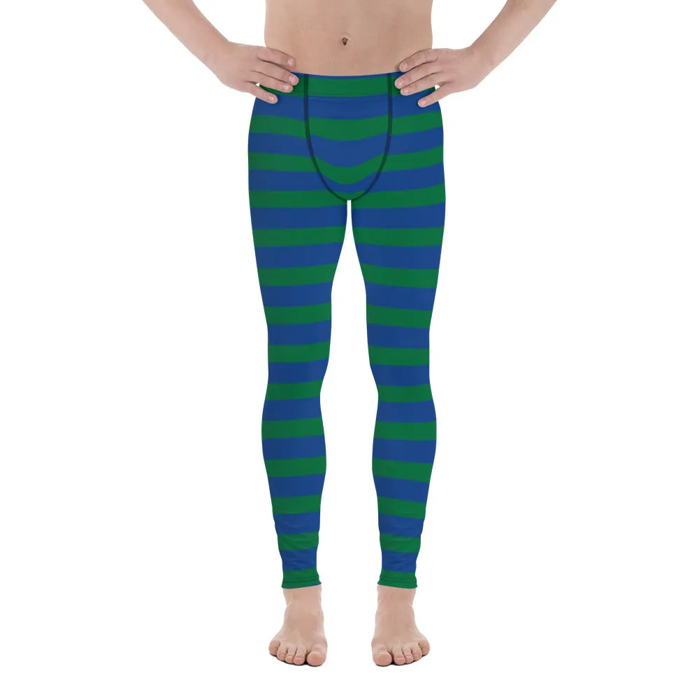 Green Blue Striped Men's Leggings, Horizontally Striped Christmas Style Meggings - Made in USA/EU/MX