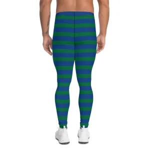 Green Blue Striped Men's Leggings, Horizontally Striped Christmas Style Meggings - Made in USA/EU/MX