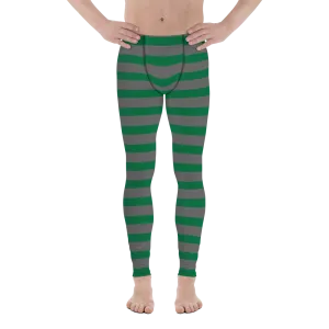 Grey Green Striped Men's Leggings, Horizontally Striped Christmas Style Meggings - Made in USA/EU/MX