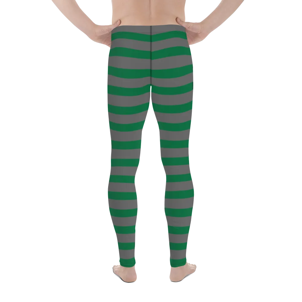 Grey Green Striped Men's Leggings, Horizontally Striped Christmas Style Meggings - Made in USA/EU/MX